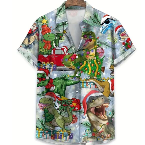T Rex Dino Christmas Graphics Hawaiian Collared Casual Party Shirt Men's XXL #L - Picture 1 of 5